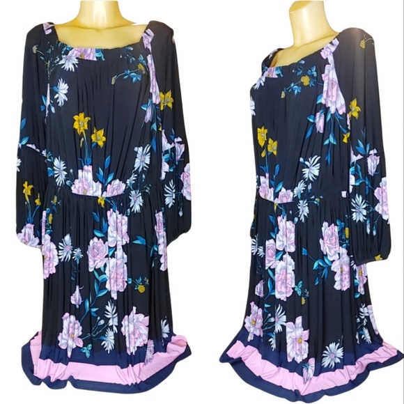 Lane Bryant Dresses & Skirts - LANE BRYANT Black Pink Yellow Floral Off the Shoulder Long Sleeve Dress